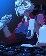 drawing white_hair color large_breasts clothed red_eyes sitting bottle unaware chair shrunken_person commission keyboard black_nails zerohour99 theproky helltaker malina_(helltaker)