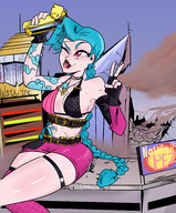 drawing giantess vore city color long_hair destruction handheld butt_crush red_eyes blue_hair bus falling league_of_legends sitting_on_building jinx_(league_of_legends) slugmanoctavio3