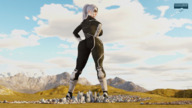 breasts giantess white_hair city mega large_breasts butt buildings ponytail mask large_butt costume thick_thighs thief digital_render black_cat marvel_comics felicia_hardy wotm8h8