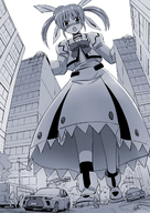 drawing giantess crush city monochrome destruction seo_tatsuya looking_down vehicles mahou_shoujo_lyrical_nanoha point_of_view nanoha takamachi_nanoha