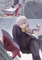 drawing giantess white_hair city upskirt color destruction blue_eyes high_heels seo_tatsuya blood low_angle foot_crush looking_down stuck_to_foot kantai_collection hamakaze