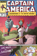 breasts drawing giantess mega blonde color large_breasts armor destruction handheld cleavage green_eyes outgrowing_building yellow_eyes green_hair red_hair muscles blue_skin fighting mohawk belt x-men washington_dc washington_monument helmet captain_america green_skin emma_frost white_house she-hulk mystique marvel_comics smirking caiman2 earth_20052 claire_temple carol_danvers juggernaut