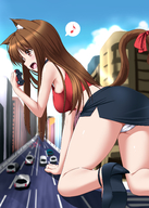drawing giantess panties tail city upskirt color clothed handheld skirt high_heels brunette cat_girl all_fours hank88 looking_at_tiny kanade