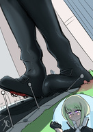 drawing blushing city color giant male handheld buildings anime purple_eyes smiling green_hair unknown_artist foot_crush walking vehicles shoe_crush outdoors vehicle_crush running_away source_needed stuck_to_foot struggling looking_at_tiny femboy cutaway in_fist promare lio_fotia