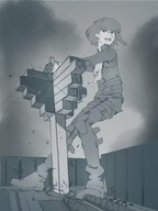 drawing city monochrome destruction giant male clothed buildings anime outdoors femboy kononiko promare lio_fotia