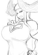 drawing horns monochrome large_breasts long_hair penis clothed cleavage anime demon smiling muscles demoness shrunken_man testicles bangs sharp_teeth no_background finger_insertion anal_fingering between_breasts kiyoshi2431