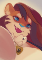 drawing furry anthro tiger color large_breasts blue_eyes clothed cleavage fang brunette low_angle smiling shrunken_man open_mouth trapped jewelry kerneldecoy human_jewelry between_breasts