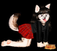 vore furry dog tongue glasses shrunken_people open_mouth bowl all_fours sharp_teeth no_background beatricegiganta