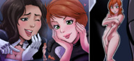 drawing nude blushing color blue_eyes clothed cleavage green_eyes brunette red_hair shrunken_woman freckles jitensha pointing shepard covering_breasts looking_at_tiny mass_effect covering_pussy miranda_lawson insanewetrust kelly_chambers