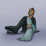 drawing feet color barefoot shrunken_man under_foot orange_hair no_background the_legend_of_zelda link_(the_legend_of_zelda) fetishcultist midna_(the_legend_of_zelda)
