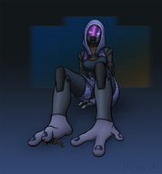 breasts drawing giantess feet alien color toes barefoot shrunken_man mask under_foot hood glowing_eyes mass_effect talizorah quarian fetishcultist