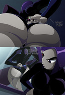 drawing comic color butt purple_hair raven teen_titans beast_boy shrunken_man reflection between_fingers looking_back mirror leotard pinched dc_comics grey_skin ravenravenraven