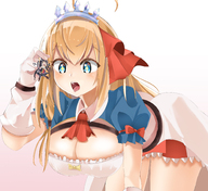 drawing blonde color large_breasts tongue blue_eyes gloves shrunken_woman open_mouth dangle all_fours between_fingers tiara no_background looking_at_tiny alicemahou