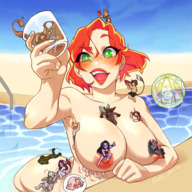 drawing gentle giantess nude color large_breasts green_eyes pool on_nipple on_body breast_smoother in_drink between_breasts hollewdz