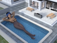 gentle giantess nude blue_eyes blue_hair red_hair pool looking_at_viewer glowing_eyes on_body digital_render dr-none