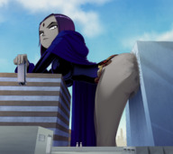 drawing giantess city mega color large_breasts butt destruction clothed handheld buildings butt_crush purple_hair purple_eyes low_angle raven teen_titans thighs outdoors looking_back cape belt leotard between_buildings leaning_on_building hood bending_forward dc_comics anon bare_legs grey_skin ravenravenraven
