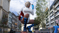 giantess city blonde large_breasts clothed handheld buildings superhero short_hair boots outdoors leotard titania redfiredog digital_render skintight_clothing jackofbullets