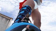 giantess city blonde large_breasts clothed buildings superhero short_hair boots sitting looking_down outdoors leotard titania redfiredog digital_render skintight_clothing jackofbullets