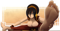 drawing feet black_hair color clothed toes barefoot cleavage soles huge_breasts sitting unaware shrunken_people toph stretch avatar_the_last_airbender anon ravenravenraven stretching_legs