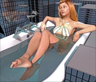 giantess smiling red_hair sitting pool outdoors digital_render velocityvektor