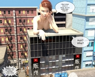 giantess nude brunette looking_down outdoors dialogue leaning_on_building digital_render velocityvektor