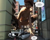 giantess nude brunette tank looking_down outdoors crouching dialogue digital_render velocityvektor