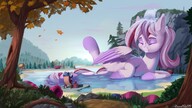 drawing gentle giantess nude furry tail wings color long_hair bath water waterfall smiling socks pink_hair lying_down sitting mountains lake forest hooves chair outdoors nature waterfall_shower closed_eyes trees commission reading purple_skin cabin striped_socks my_little_pony scenic multicolored_hair pink_skin discarded_socks discarded_clothing discordthege