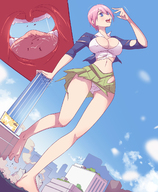breasts drawing giantess panties vore city mega upskirt color tongue destruction blue_eyes barefoot rampage cleavage skirt huge_breasts pink_hair open_mouth falling ripped_clothing leaning_on_building internal_view angelgts mass_vore