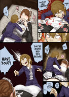 drawing comic color large_breasts clothed bed brunette brown_eyes lying_down mini_giantess maid_uniform intimidation servant uru on_body bullying