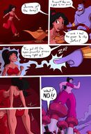 breasts drawing growth giantess mega comic black_hair color large_breasts cleavage castle brown_eyes smiling ponytail muscles abs pants dark_skin magic genie flexing staff jasmine aladdin disney earrings top dialogue hairband agrabah palace belly_dancer bare_midriff caiman2 magic_lamp ironspider75 jafar