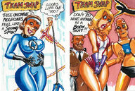 breasts drawing giantess chief mega blonde comic color crossover cleavage skirt brunette embarrassed gloves costume fantastic_four doom_patrol earrings belt headband dialogue pipe joe_gravel dc_comics bare_legs elasti-girl robotman invisible_woman marvel_comics mr_fantastic human_torch negative_man costume_swap susan_storm rita_farr