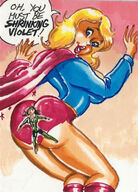 breasts drawing blonde black_hair color butt cleavage butt_crush boots supergirl shorts costume looking_back cape dialogue joe_gravel dc_comics bare_legs shrinking_violet legion_of_superheroes