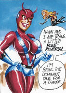breasts drawing giantess mega blonde color large_breasts brown_eyes gloves boots mask thighs costume giant_girl leotard dialogue joe_gravel hand_on_hips looking_at_tiny janet_van_dyne ms_marvel marvel_comics the_wasp carol_danvers
