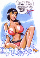 breasts drawing growth giantess panties mega black_hair color large_breasts long_hair blue_eyes cleavage bra skirt sitting costume superman lois_lane cape ripped_clothing dialogue joe_gravel looking_at_tiny dc_comics bare_legs bare_midriff