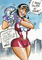 breasts drawing giantess city mega black_hair color large_breasts long_hair blue_eyes handheld skirt high_heels buildings smiling gloves spaceship costume lois_lane doom_patrol earrings belt headband dialogue joe_gravel dc_comics bare_legs elasti-girl shaking brainiac
