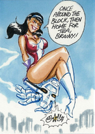 breasts drawing giantess city mega black_hair color large_breasts long_hair cleavage skirt high_heels buildings smiling gloves spaceship boots sitting costume lois_lane closed_eyes doom_patrol earrings headband dialogue joe_gravel legs_crossed dc_comics bare_legs elasti-girl brainiac