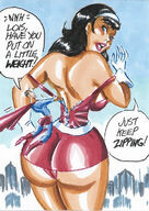 breasts drawing giantess panties city mega black_hair color large_breasts long_hair butt blue_eyes skirt buildings gloves costume superman lois_lane looking_back cape doom_patrol belt headband dialogue joe_gravel zipper looking_at_tiny dc_comics bare_legs elasti-girl