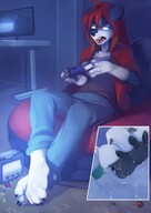 drawing feet furry wolf anthro dog color long_hair clothed planet toes barefoot soles glasses sweat paws red_hair sitting canine foot_play shrunken_man between_toes indoors toe_ring looking_away gaming shrunken_planet cutaway kerneldecoy