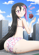 drawing giantess panties vore city color long_hair handheld bra butt_crush pink_eyes looking_back multicolored_hair thedaibijin mass_vore duni