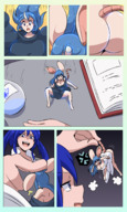 drawing tail comic color large_breasts butt cleavage shrinking blue_hair angry transformation shrunken_woman dangle between_fingers mouse_girl horn herretik shrinking_out_of_clothes mouse_ears