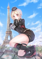 drawing giantess blushing blonde color butt clothed brown_eyes boots uniform clouds thighs outdoors sky paris martin eiffel_tower girls_frontline mp40