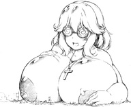 drawing giantess nude giga monochrome destruction huge_breasts smiling lying_down necklace cross toka emmagear no_background swirly_glasses