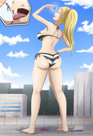 breasts drawing giantess panties vore city blonde color destruction barefoot bra buildings street dangle imminent_vore thedaibijin