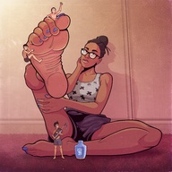 drawing gentle feet color toes barefoot soles glasses brunette smiling foot_worship shrunken_men sitting painting_nails between_toes dark_skin indoors foot_slave nail_polish raised_foot struggling hair_bun hugging_foot ozzidevs