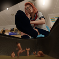 feet long_hair clothed toes soles glasses low_angle smiling scared in_shoe socks red_hair sitting uniform shrunken_people looking_down indoors point_of_view looking_at_viewer running_away legs_crossed digital_render uschi3