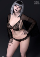 white_hair large_breasts clothed cleavage underwear purple_eyes shrunken_man goth piercing looking_at_viewer hanging_on bangs makeup lace no_background digital_render bare_legs elovo0