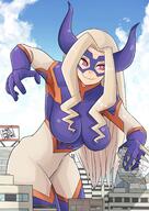 drawing giantess horns city mega blonde color large_breasts destruction red_eyes hand_crush my_hero_academia mt._lady mrmessmew