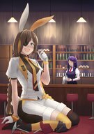 drawing growth blushing color bunny_ears high_heels purple_hair angry brunette gloves mini_giantess unknown_artist kneeling uniform drunk bar eyepatch jill girls_frontline m16a1_(girls_frontline) whiskey barstool