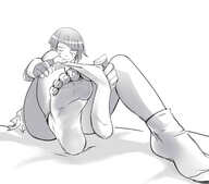 drawing feet monochrome clothed toes barefoot soles anime smiling socks gloves short_hair sitting sock_insertion between_toes dressing shrunken_person under_foot bangs struggling no_background my_hero_academia bubimun kyoka_jiro