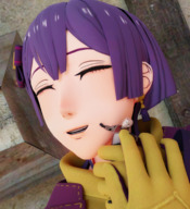 gentle clothed handheld purple_hair smiling gloves short_hair shrunken_man rubbing hugging closed_eyes fire_emblem digital_render bantoras bernadetta_(fire_emblem) jeritza_von_hrym
